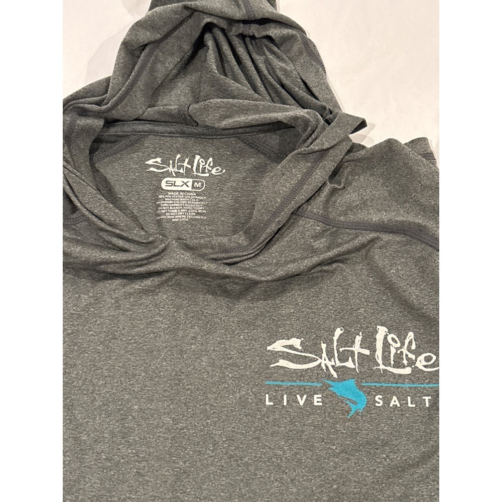 Salt Life SLX Live Salty Mens Medium Gray Performance Hoodie Sun Shirt Fishing - Picture 2 of 3